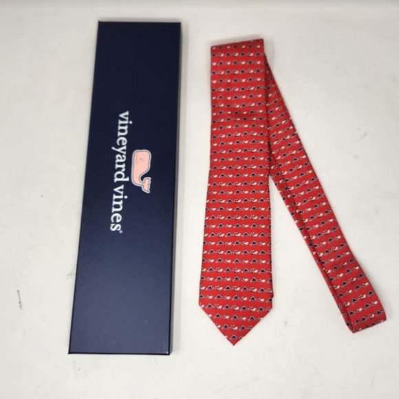 New men's Vineyard Vines The Original Tie with whale & fish in Sailors Red